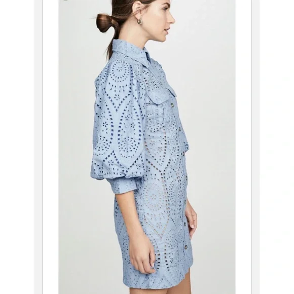 Ganni NWT Balloon-Sleeve Broderie Anglaise Mini Shirt Dress (Size 34) - Picture 3 of 8